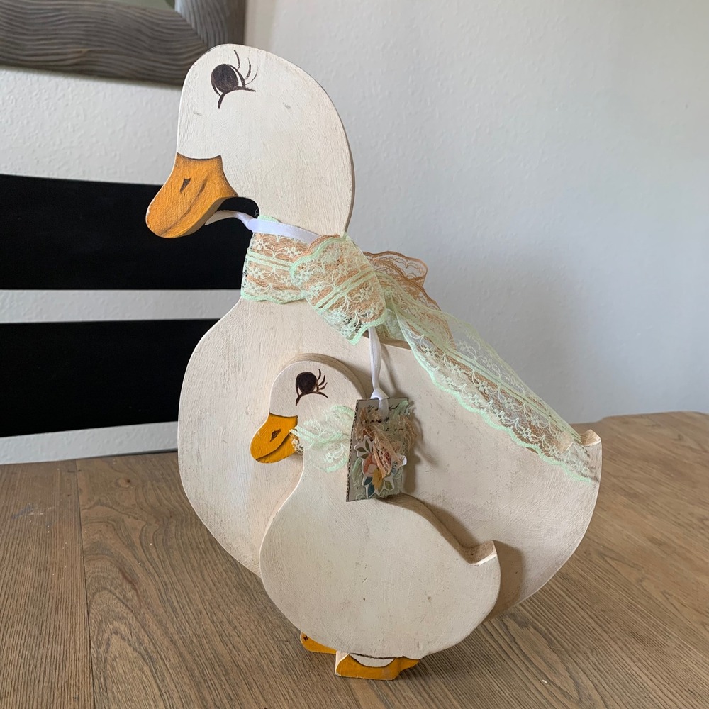 Vintage Hand Painted Wood Mother and Baby Duck Figurine Lace Bow 13.5in